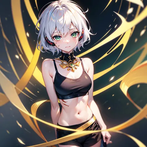 , (extremely detailed CG unity 8k wallpaper),(masterpiece),(best quality),(ultra-detailed),(best illustration),(best shadow), white hair, messy hair formal, scars on arms, green eyes, gold necklace, 1male, short hair, looking at viewer, solo focus, solo, b...