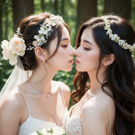 (masterpiece, highest quality, official art, beauty and aesthetic), two stunning bride is deeply in love with each other, kiss