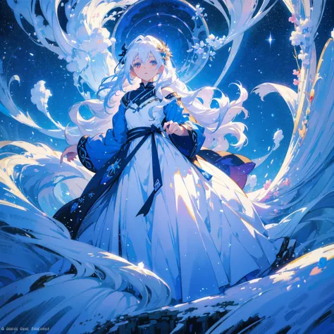 In a snowy landscape, there is a beautiful anime girl with long white hair and a blue dress. Her white hair is flowing and floating in the air, creating a mystical and ethereal atmosphere. She looks like a goddess with her enchanting appearance, exuding an...