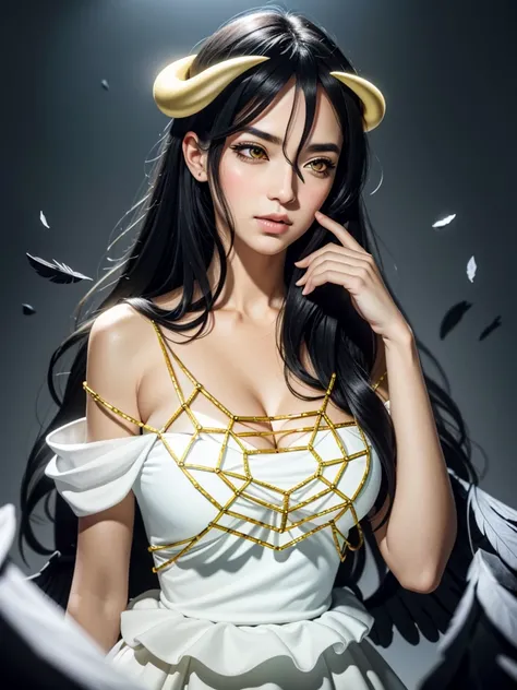 Masterpiece, Best quality, Ultra-detailed, illustration, epic lighting, Cinematic composition, isometry,(hexagons:1.2), 1girll, Horns, Solo, Yellow eyes, Black hair, Long hair, (Low wing:1.2), Large cleavage, Bare shoulders, hair between eye, Medium breast...