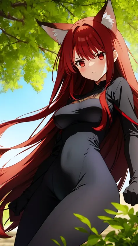 1girl ,20s,angry face,black bodysuit,(red hair),long hair,fox ears, sunny, park,highres