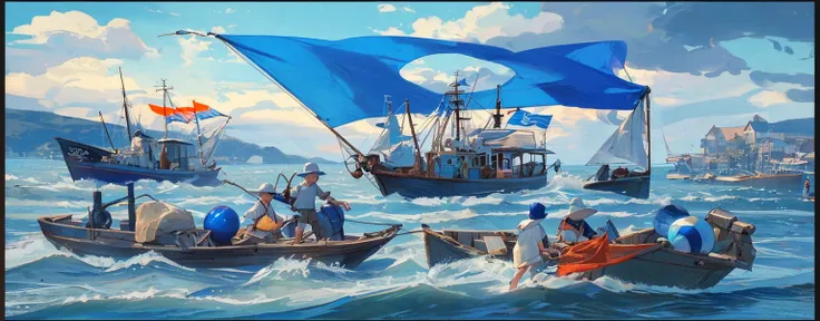 fishermen standing on fishing boats, festivals, flags,blue coast, beach, by bill_brauer, best quality, masterpiece, very aesthet...