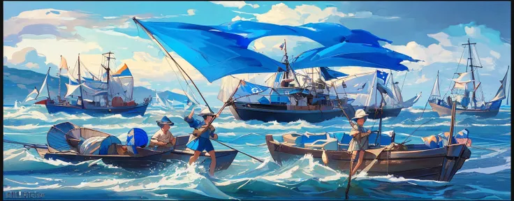 fishermen standing on fishing boats, festivals, flags,blue coast, beach, by bill_brauer, best quality, masterpiece, very aesthet...