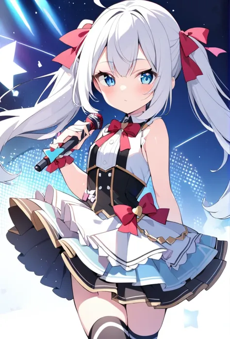 1 girl, cute, young, white hair, twintail, blue eyes, idol costume, thigh high,