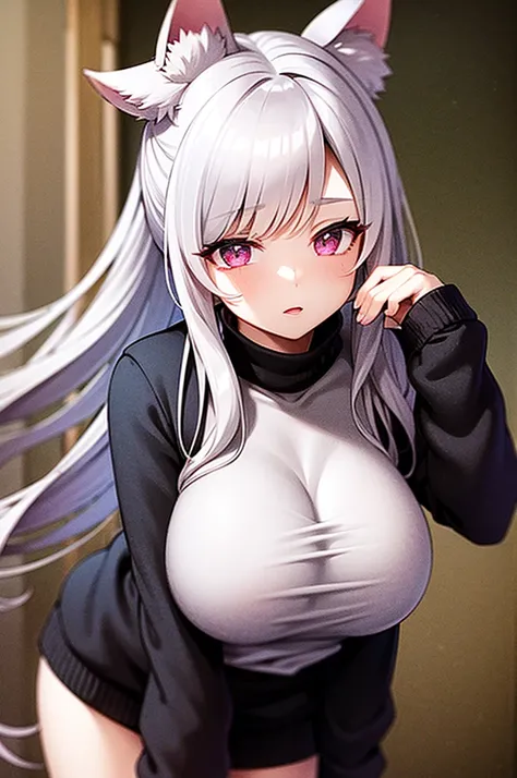 
((best qualityer)), ((work of art)), (detailded), 1 girl, Long White Hair with Wolf Ears, big boobies,pink eyes, black off the shoulder sweater