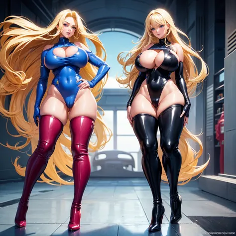 2 sexy pornstars girls, Long sleeve one piece racing swimsuit, over the knee boots with high heels, wide hips,big ass, big breast, blonde hair, blue eyes, big cameltoe pussy, sexy pose, 