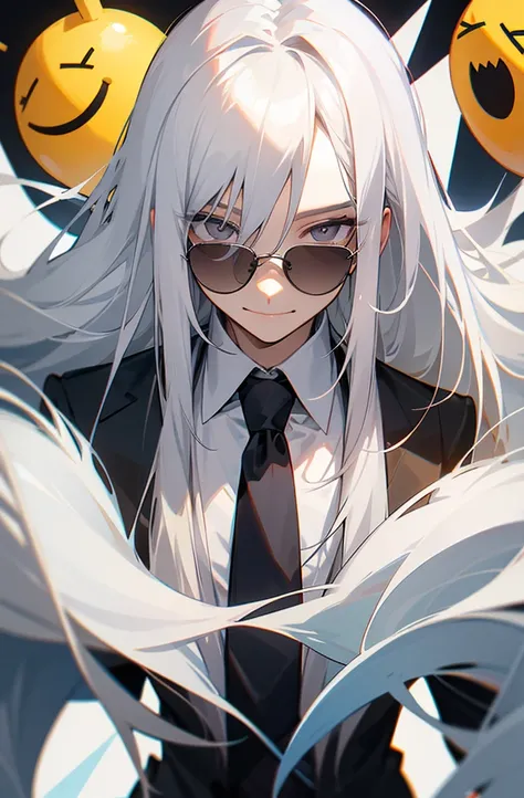 Long white hair, gray eyes, wears dark glasses, gray school shirt, wears a tie, man, has a smiley face.