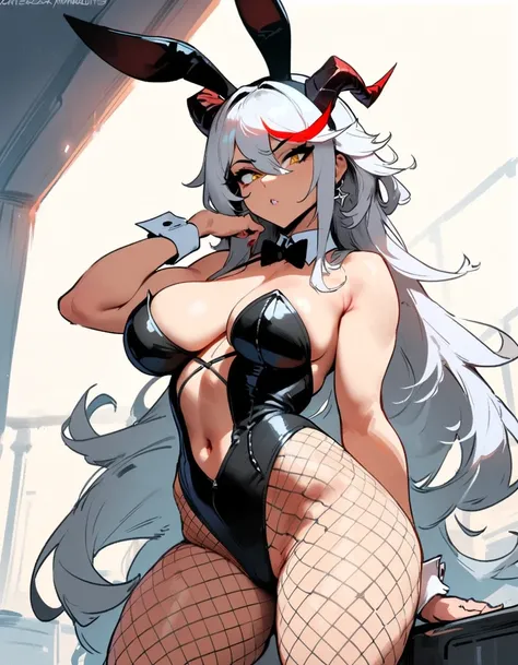 1girl, aegir (azur lane), azur lane  masterpiece, best quality, very aesthetic, absurdres, newest  sportive body,   by nyantcha,,by cutesexyrobutts,by khyle ///// white hair with a single prominent red streak, black horns, yellow eyes,  bunnysuit,standing,...