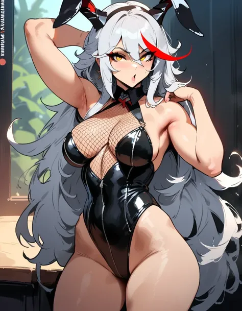 1girl, aegir (azur lane), azur lane  masterpiece, best quality, very aesthetic, absurdres, newest  sportive body,   by nyantcha,,by cutesexyrobutts,by khyle ///// white hair with a single prominent red streak, black horns, yellow eyes,  bunnysuit,standing,...