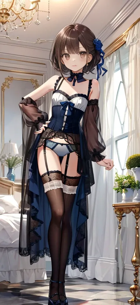 ((masterpiece)), ((best quality)), ((ultra detailed)), ((kawaii)), cute, (lovely), ((extremely detailed)), ((8K)), (beautiful), full body, luxury room, a cute girl, 1girl, solo, blue mini camisole dress,beautiful darkbrown hair, ((detailed beautiful brown ...