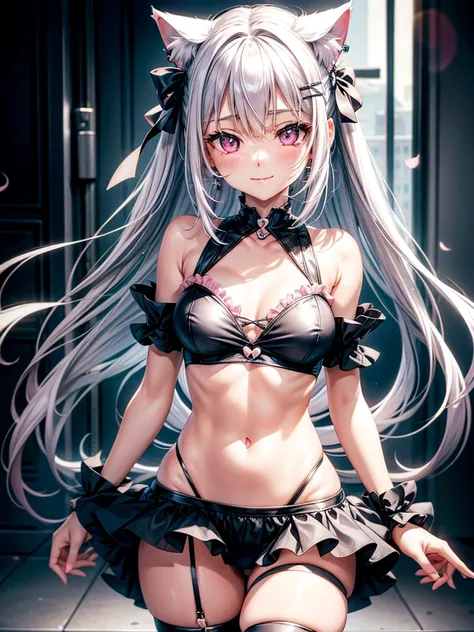 Silver hair, pink eyes, body, cat ears, sexy girl, earrings, kawaii background, hair bows, happy face,  thigh up, Professional photo, blouse