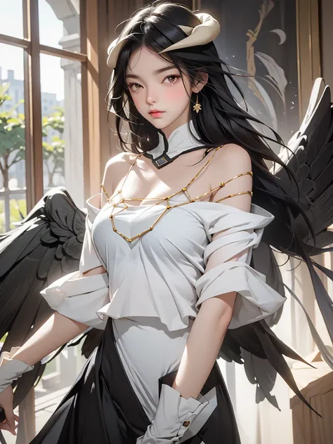 Masterpiece, Best quality, Ultra-detailed, illustration, epic lighting, Cinematic composition, isometry,(hexagons:1.2), 1girll, Horns, Solo, Yellow eyes, Black hair, Long hair, (Low wing:1.2), Large cleavage, Bare shoulders, hair between eye, Medium breast...