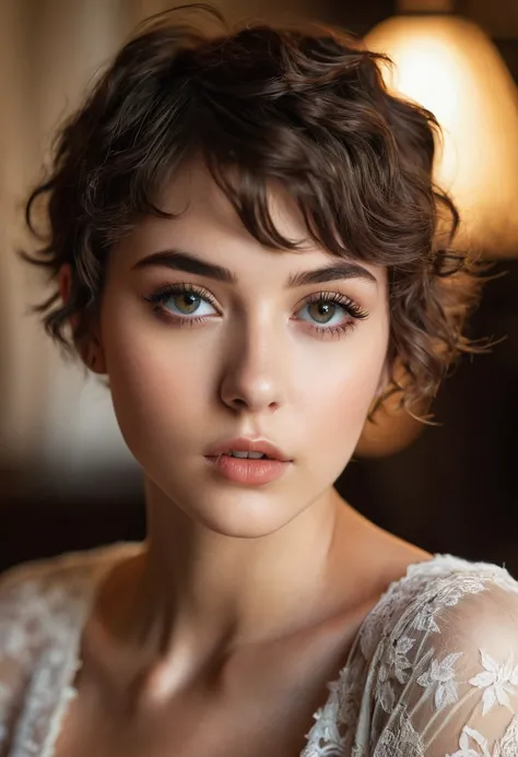 a beautiful 20-year-old model, pixie cut hair, lace nightgown, fashion photography, beautiful detailed eyes, beautiful detailed lips, extremely detailed face and eyes, long eyelashes, elegant pose, soft lighting, warm color tones, high contrast, dramatic s...