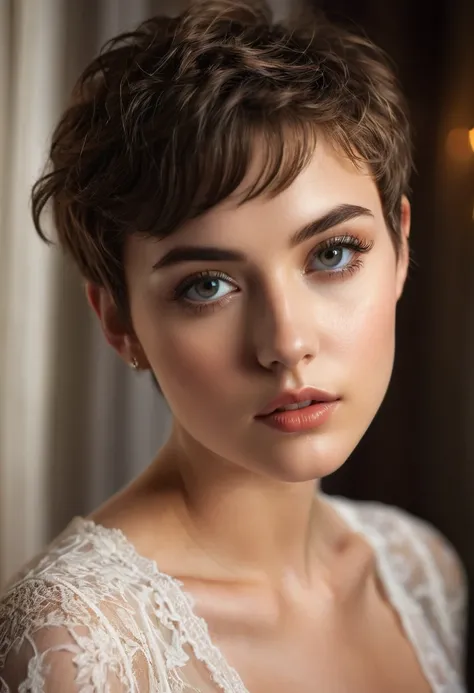 a beautiful 20-year-old model, pixie cut hair, lace nightgown, fashion photography, beautiful detailed eyes, beautiful detailed lips, extremely detailed face and eyes, long eyelashes, elegant pose, soft lighting, warm color tones, high contrast, dramatic s...