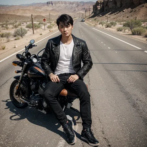 a handsome Korean man wearing a black jacket and ripped black trousers, black shoes and black gloves is sitting on a Harley Davidson motorbike against the background of a highway in the desert.