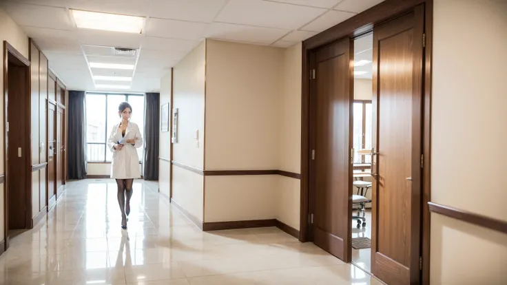 (Realistic:1.4), Highest quality, masterpiece, Ultra-high resolution, 
"High-quality photo look、Walking down a bright and clean hospital corridor、A beautiful female doctor in a white coat。She has big breasts and you can see her cleavage and black stockings...