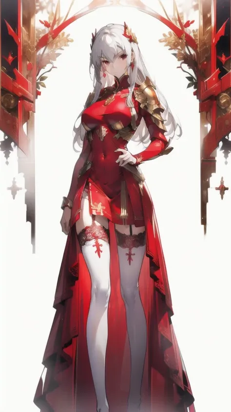 ((masterpiece, best quality)), Delicate face，Red priest in armored suit，whole body，Standing picture，Long legs，natural breast，Perfect body proportions，Pretty golden eyes，Extremely beautiful，transparent， Pure white background，sexly_比基尼，Lace，Garter stockings