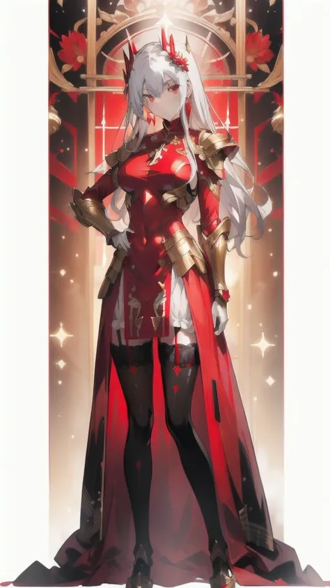 ((masterpiece, best quality)), Delicate face，Red priest in armored suit，whole body，Standing picture，Long legs，natural breast，Perfect body proportions，Pretty golden eyes，Extremely beautiful，transparent， Pure white background，sexly_比基尼，Lace，Garter stockings