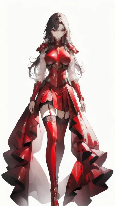 ((masterpiece, best quality)), Delicate face，Red priest in armored suit，whole body，Standing picture，Long legs，natural breast，Perfect body proportions，Pretty golden eyes，Extremely beautiful，transparent， Pure white background，sexly_比基尼，Lace，Garter stockings