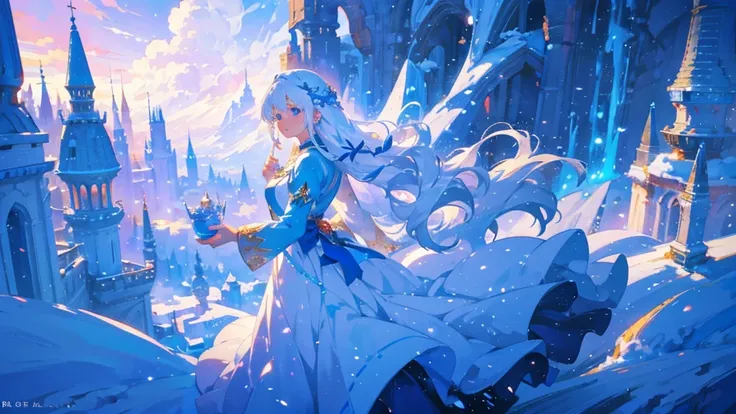 In a snowy landscape, there is a beautiful anime girl with long white hair and a blue dress. Her white hair is flowing and floating in the air, creating a mystical and ethereal atmosphere. She looks like a goddess with her enchanting appearance, exuding an...