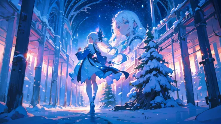 In a snowy landscape, there is a beautiful anime girl with long white hair and a blue dress. Her white hair is flowing and floating in the air, creating a mystical and ethereal atmosphere. She looks like a goddess with her enchanting appearance, exuding an...