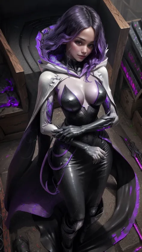 a dark fantasy cyberpunk android woman, 1 girl, highly detailed, hyper realistic, masterpiece, 8k, photorealistic, beautiful detailed eyes, beautiful detailed lips, extremely detailed face, long eyelashes, long white hair, shawl, black coat, glowing purple...