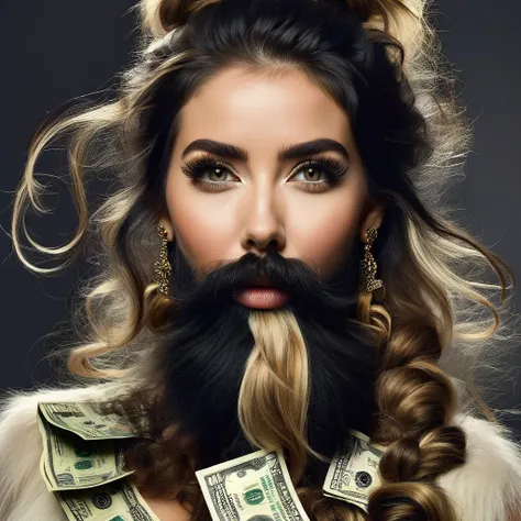 white woman beard fluff, big nose, makeup, black hair tied back, wears huge shaggy, thick and neat beard, black eyes, seductive and proud look, large golden earrings, holds dollar bills