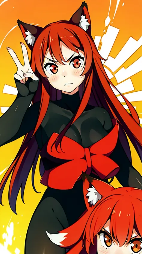 1girl ,20s,angry face,black bodysuit,(red hair),long hair,fox ears, sunny, park,peace_sign