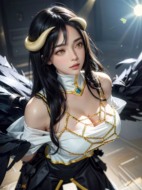 A masterpiece, best quality, ultra-detailed illustration with epic lighting, cinematic composition, isometry, (hexagons:1.2), 1 girl with horns, solo, yellow eyes, black hair, long hair, (low wing:1.2), large cleavage, bare shoulders, hair between eyes, me...