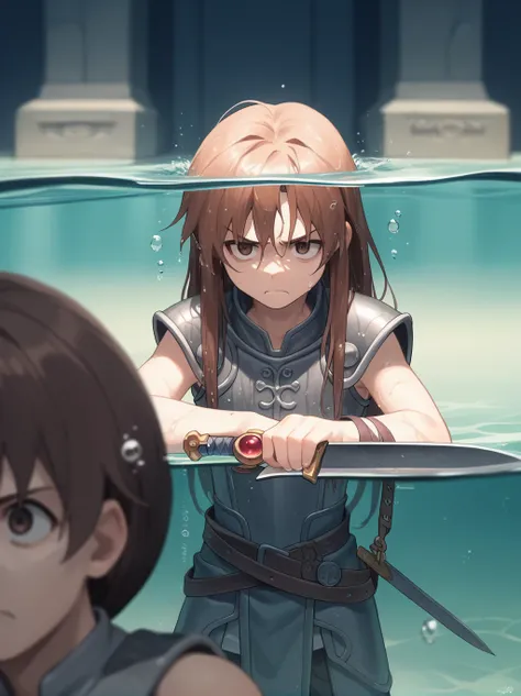 Partially underwater,最high quality,high quality, 4-year-old, , Long Hair, Brown Hair, Wet Hair,  Blurred Edges,Flat Chest,Pitch-dark underground labyrinth,No light,Leather armor,Equipped with a dagger and a shield,Face above water,Body in water, Underwater...