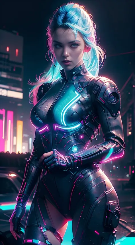 a girl，dress up sexy，future techwear，mechanical prosthesiechanical skeleton，  evening， a cyberpunk city in ruins， neon billboard...