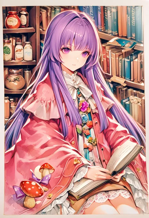 1 girl, book, Knowledge about patchouli, crescent, alone, have, set, flower, purple eyes, streaks set, long hair, bookshelf, mushroom, purple hair, decorated clothing, sit, streaks, Internal Load, jar, shelf, lace, food, bow, overcoat,traditional media,