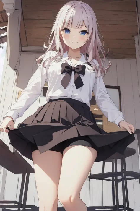 smirking face、grinning、wearing shorts under the skirt、black skirt、short spats