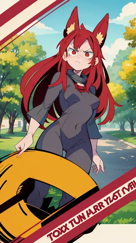 1girl ,20s,angry face,black bodysuit,(red hair),long hair,fox ears, sunny, stading in a park,2d flat