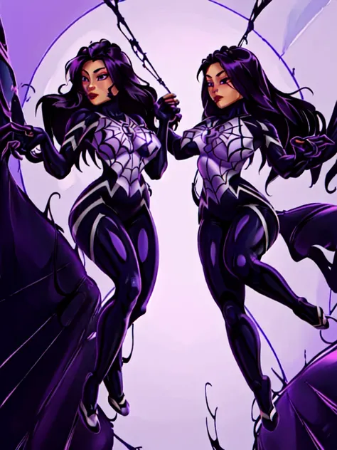 cindymoon, long hair, purple eyes, purple hair, armor, bodysuit, purple lips, spider (symbol)