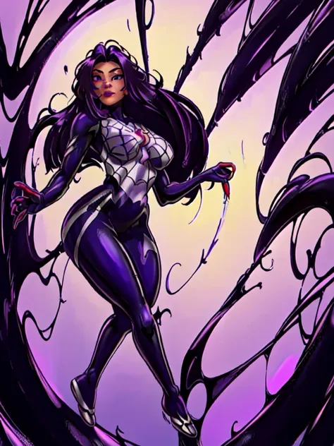 cindymoon, long hair, purple eyes, purple hair, armor, bodysuit, purple lips, spider (symbol)