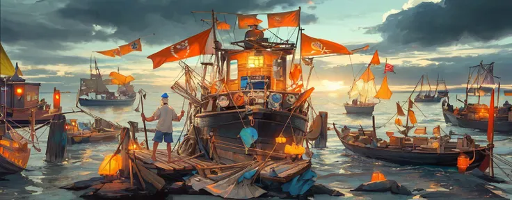 fishermen standing on fishing boats, festivals, flags,blue coast, beach, by bill_brauer, best quality, masterpiece, very aesthet...