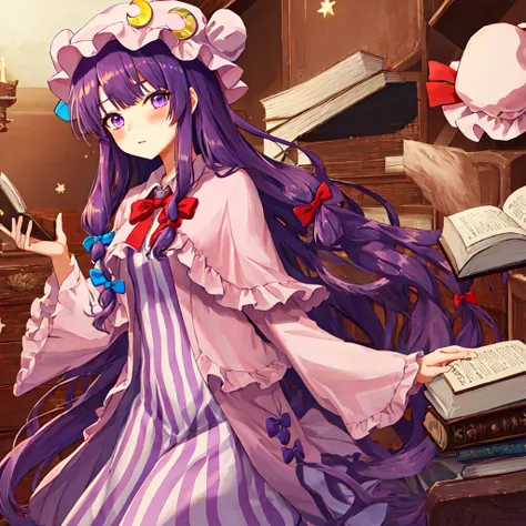 คุณภาพgoodatสุด, masterpiece, height, alone, {patchouli_kเลขatwledge_toho:1.15}, long_hair, purple_hair, crescent, purple_eyes, ...