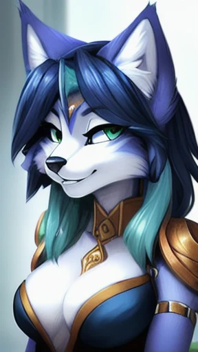 A beautiful and detailed (sweet portrait) wa ((Krystal)), Star Fox Krystal, sslim, lovable, green eyes, medium breasts, (((Long blue hair 1.3))), Decollete, grin, look up,, anthro, furry, Uploaded E621, detailed fluffy fur, (wa Fluff-Kevlar, Bayard Wu, per...