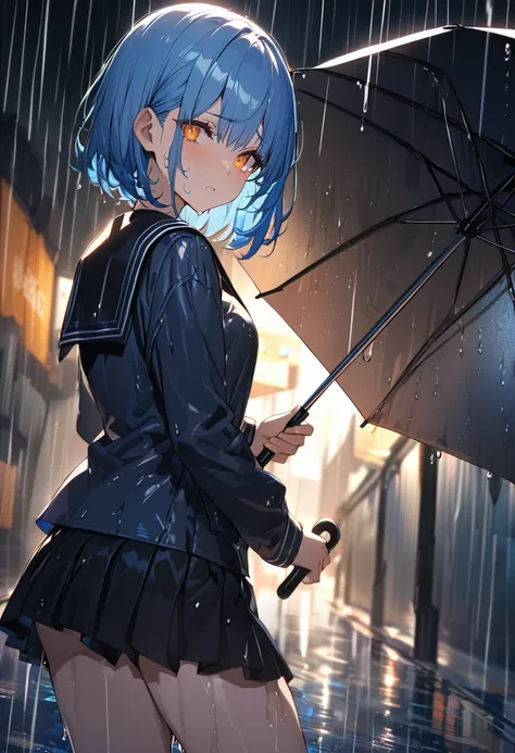 one girl、light blue hair、orange eyes、slanted eyes、black sailor suit、navy blue mini skirt、whole body、holding an umbrella、look bac...