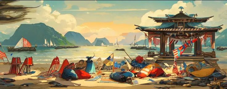 festivals, flags,blue coast, beach, by bill_brauer, best quality, masterpiece, very aesthetic, perfect composition, intricate de...