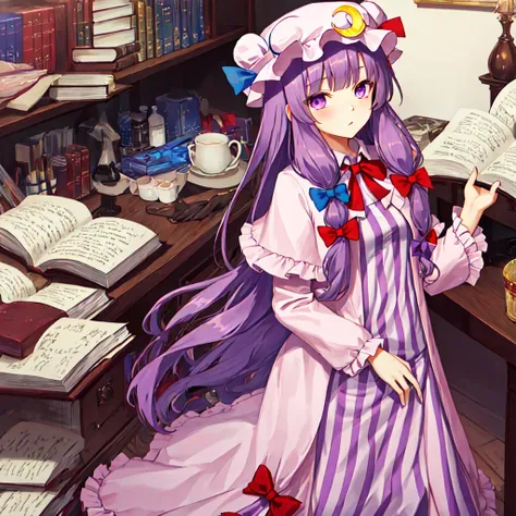 best quality, masterpiece, height, alone, {patchouli_knowledge_toho:1.15}, long_hair, purple_hair, crescent, purple_eyes, ribbon...