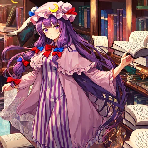 best quality, masterpiece, height, alone, {patchouli_knowledge_toho:1.15}, long_hair, purple_hair, crescent, purple_eyes, ribbon...