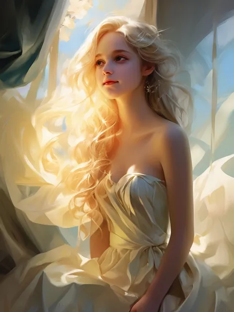 1 girl, blonde, long hair, alone, magic, strapless white dress、hopeful face、