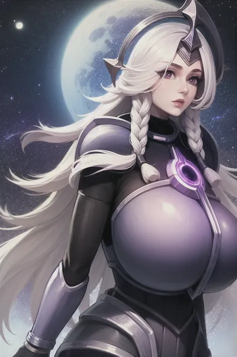 masterpiece, best quality, 1girl, leona, white hair, long hair, twin braids, purple eyes, armor, breastplate, (huge breasts:1.4)...