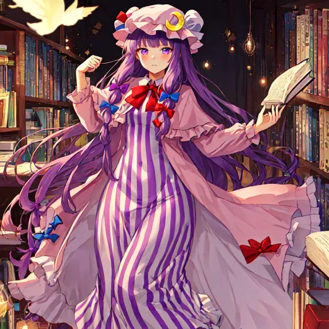 best quality, masterpiece, height, alone, {patchouli_knowledge_toho:1.15}, long_hair, purple_hair, crescent, purple_eyes, ribbon...