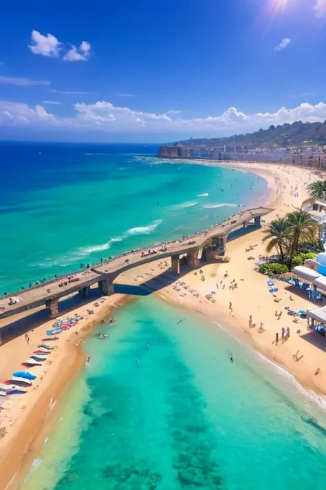 Casablanca beach in 2050, people swimming, bikini girls, boys playing, aerial view, futuristic beach, Morocco 