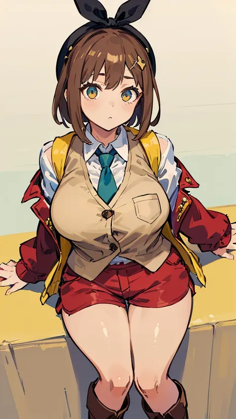 (Highest quality, 8K, masterpiece :1.3),Lizaリン・シュタウト(Lizaのアトリエ),Liza,Plump, One woman,Large Breasts,short hair,Brown Hair,hair band,Clothing,hat,White shirt,Yellow and white vest,Red shorts,Brown long boots