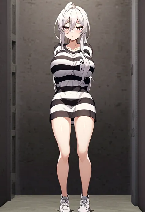 an anime woman 30 years with her arms behind her back, dressed as a prisoner, in a cell, 1 woman, full body, alone, long hair, l...