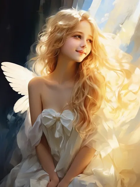 1 angel girl, wings on your back、blonde, long hair, alone、smile、magic, strapless white dress、hopeful face、